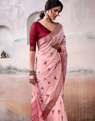 peach cotton floral weaving saree with blouse 4