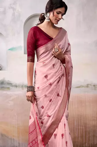 peach cotton floral weaving saree with blouse