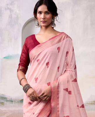 peach cotton floral weaving saree with blouse 5