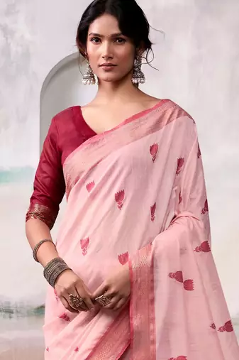 peach cotton floral weaving saree with blouse