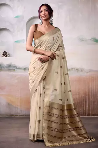 cream floral weaving cotton saree with blouse