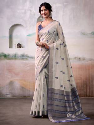 off white weaving cotton saree with blouse 1