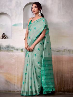 green cotton weaving saree with blouse 1
