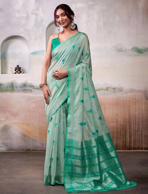 green cotton weaving saree with blouse 2