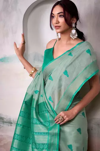 green cotton weaving saree with blouse