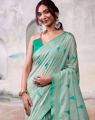 green cotton weaving saree with blouse 4