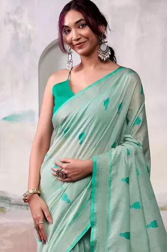 green cotton weaving saree with blouse
