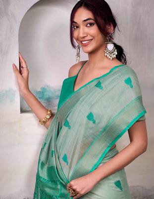 green cotton weaving saree with blouse 5