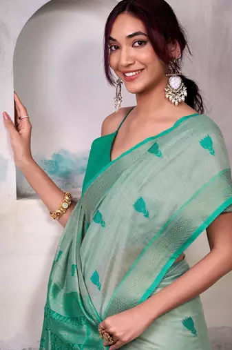 green cotton weaving saree with blouse
