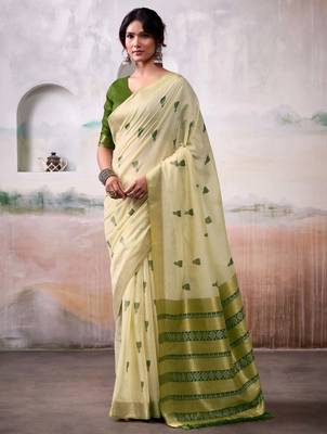 cream weaving cotton saree with blouse 1