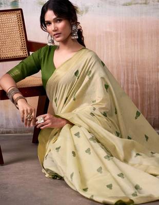 cream weaving cotton saree with blouse 2