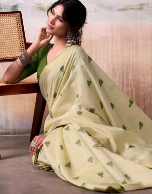 cream weaving cotton saree with blouse 3