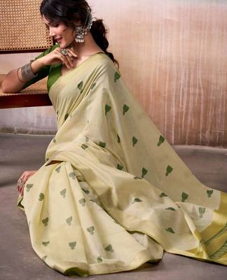 cream weaving cotton saree with blouse 4