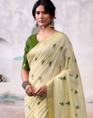 cream weaving cotton saree with blouse 5
