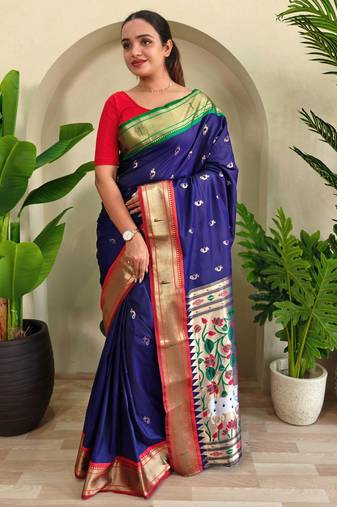 blue paithani silk blend floral weaving saree with blouse