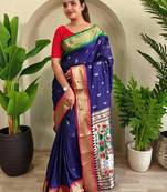 blue paithani silk blend floral weaving saree with blouse