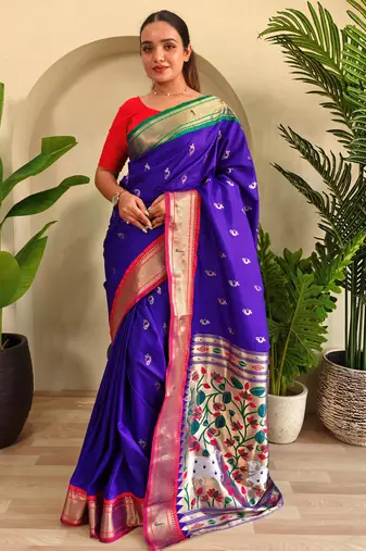 purple floral weaving paithani silk blend saree with blouse