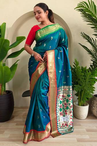 green pichwai weaving silk blend saree with blouse