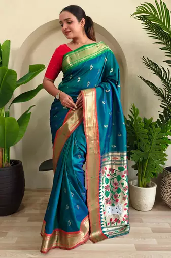 green pichwai weaving silk blend saree with blouse