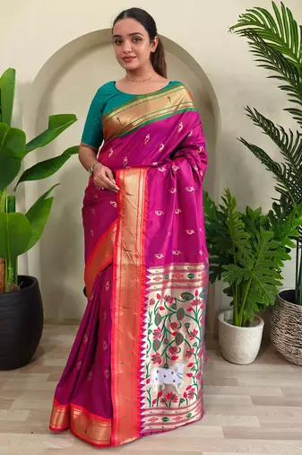 hot pink paithani silk blend saree with blouse