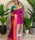 hot pink paithani silk blend saree with blouse
