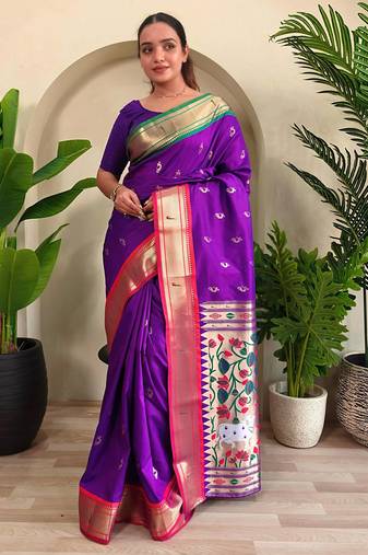 dark purple silk blend paithani weaving saree with blouse