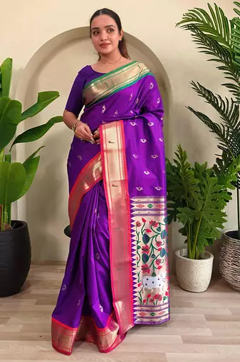 dark purple silk blend paithani weaving saree with blouse