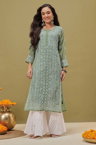 Hand embroidered green georgette lucknowi chikankari kurta and slip with muqaish work