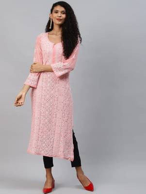 Hand embroidered peach georgette lucknowi chikankari straight kurta and slip with muqaish work 1