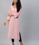 Hand embroidered peach georgette lucknowi chikankari straight kurta and slip with muqaish work