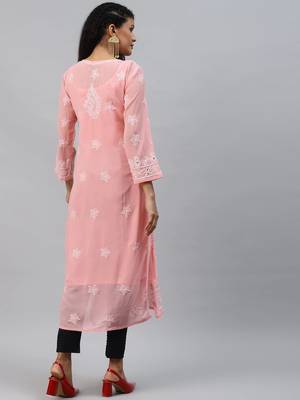 Hand embroidered peach georgette lucknowi chikankari straight kurta and slip with muqaish work 2