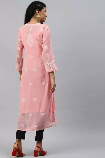 Hand embroidered peach georgette lucknowi chikankari straight kurta and slip with muqaish work