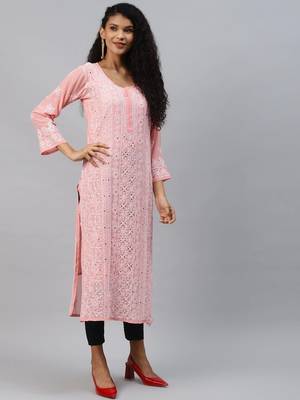 Hand embroidered peach georgette lucknowi chikankari straight kurta and slip with muqaish work 3