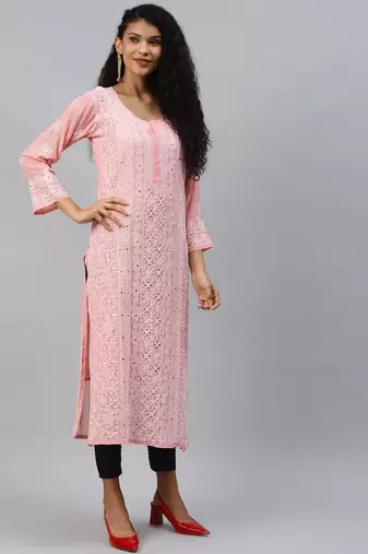 Hand embroidered peach georgette lucknowi chikankari straight kurta and slip with muqaish work