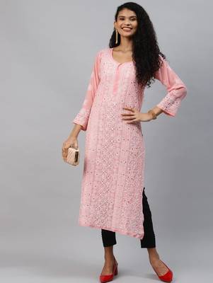 Hand embroidered peach georgette lucknowi chikankari straight kurta and slip with muqaish work 4