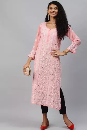Hand embroidered peach georgette lucknowi chikankari straight kurta and slip with muqaish work