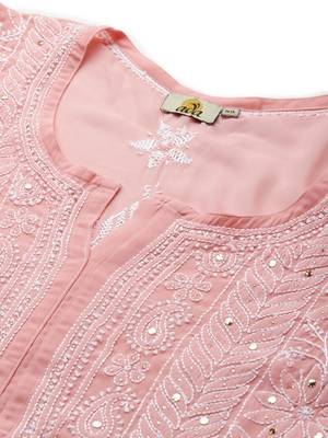 Hand embroidered peach georgette lucknowi chikankari straight kurta and slip with muqaish work 5