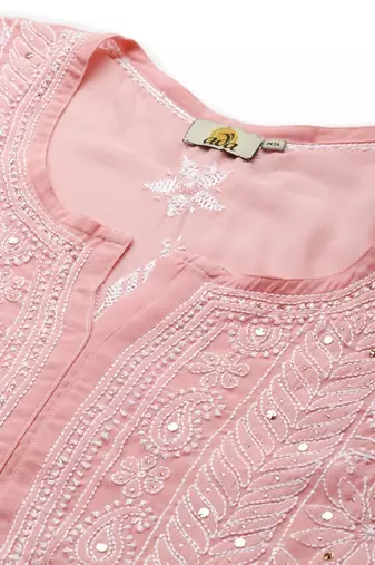 Hand embroidered peach georgette lucknowi chikankari straight kurta and slip with muqaish work