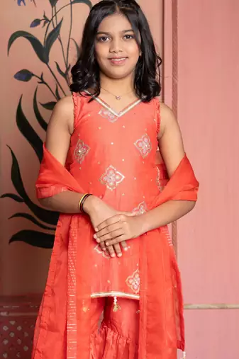 Orange embroidered chanderi sharara set