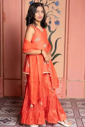 Orange embroidered chanderi sharara set