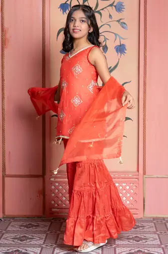 Orange embroidered chanderi sharara set
