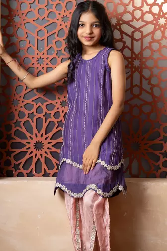 Purple embroidered chanderi top & bottom set