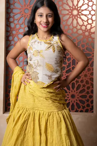 Yellow plain tissue lehenga