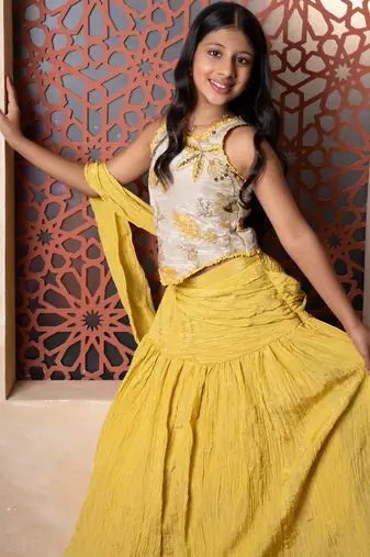 Yellow plain tissue lehenga