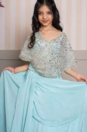 Blue plain crepe lehenga with top