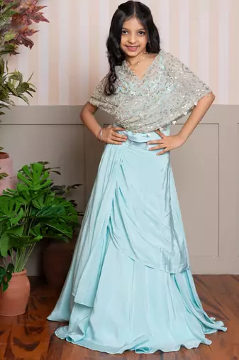 Blue plain crepe lehenga with top