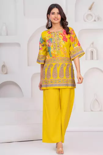 Yellow floral printed silk short kurti with flared palazzo