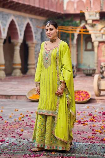 Parrot green free size full stitched upto 42 palazzo wedding suits