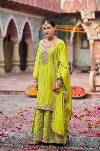 Parrot green free size full stitched upto 42 palazzo wedding suits