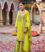 Parrot green free size full stitched upto 42 palazzo wedding suits